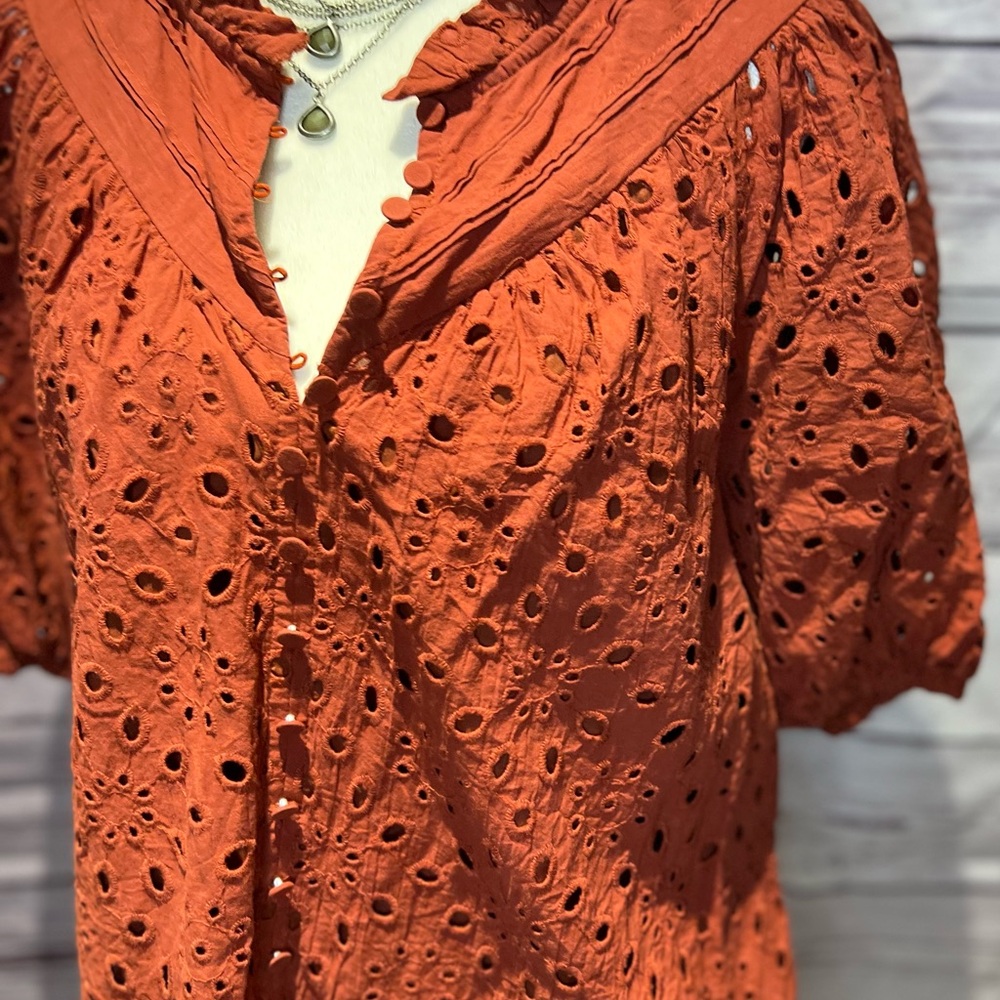 Women’s Eyelet Puff-Sleeve Blouse — Rust - Picture 3 of 10